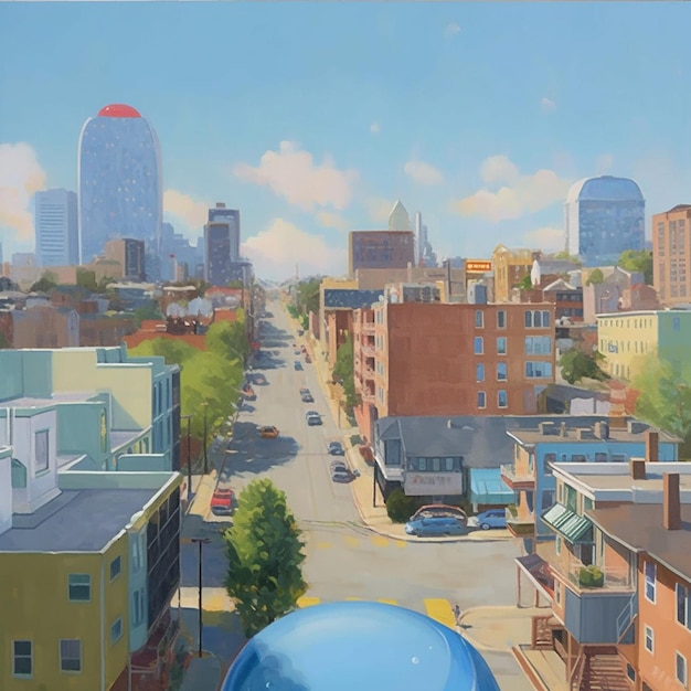 a painting of a city street with a city in the background.