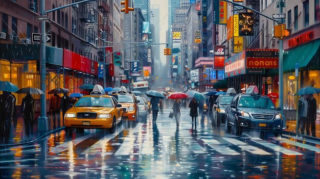 a painting of a city street with people holding umbrellas and a sign that says quot dont walk quot