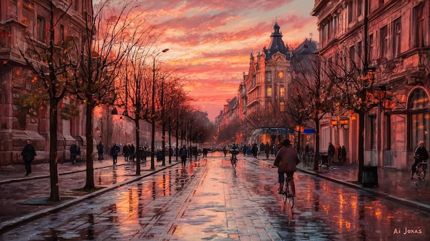 a painting of a city street with a person walking in the rain