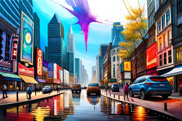 A painting of a city street with a purple star above it.