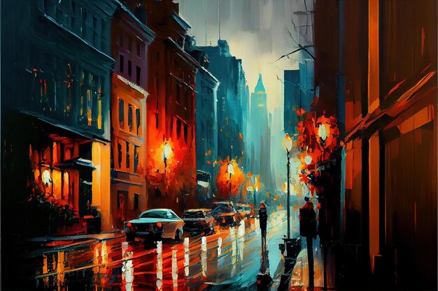 A painting of a city street with a street light and a couple walking in the rain.