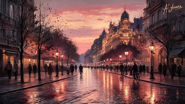 a painting of a city street with a sunset in the background