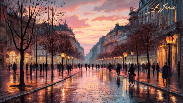 a painting of a city street with a sunset in the background