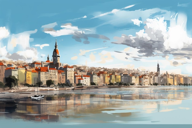 A painting of a city with a blue sky and clouds