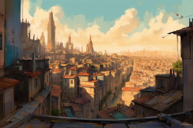 A painting of a city with a blue sky and the word " the word " on the top.