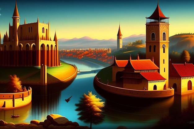 A painting of a city with a bridge and a tower in the background.