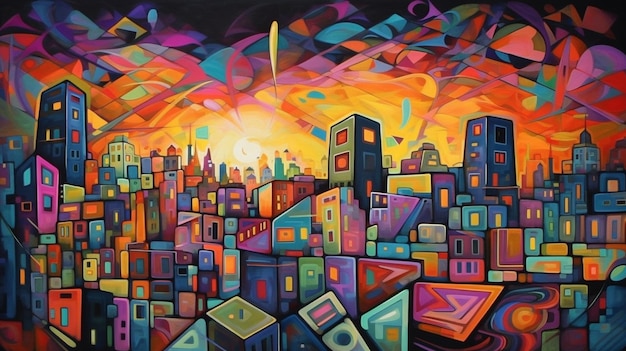 painting of a city with a bright sky and a bright sun generative ai