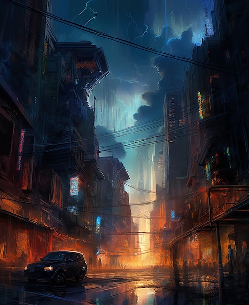 A painting of a city with a car driving down the road.