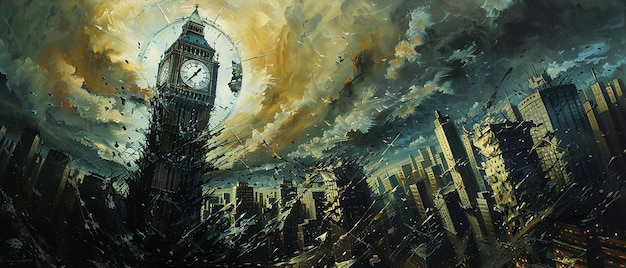 a painting of a city with a clock on it