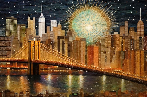 A painting of a city with fireworks in the sky