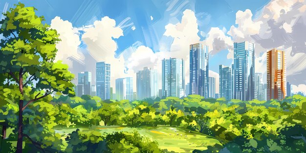 a painting of a city with a green grass and trees