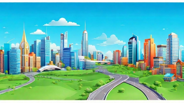 Photo a painting of a city with a green landscape and a highway