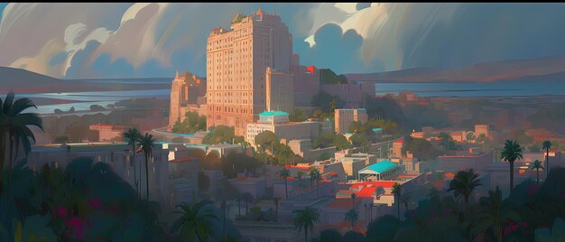 painting of a city with a large building and palm trees