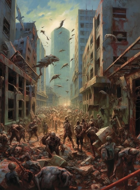 A painting of a city with a large number of dead people on it