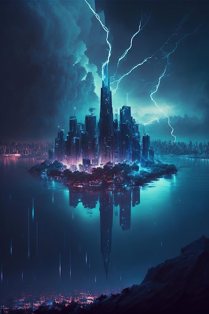 A painting of a city with a lightning storm coming in.