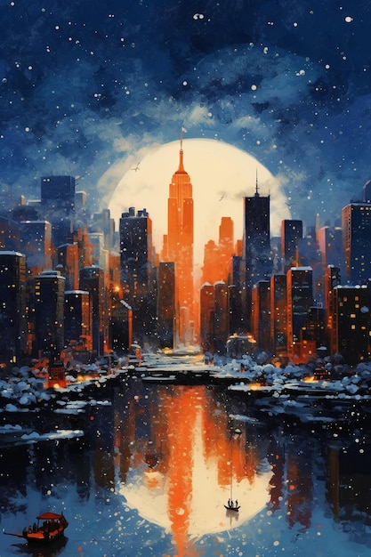 A painting of a city with a moon in the sky