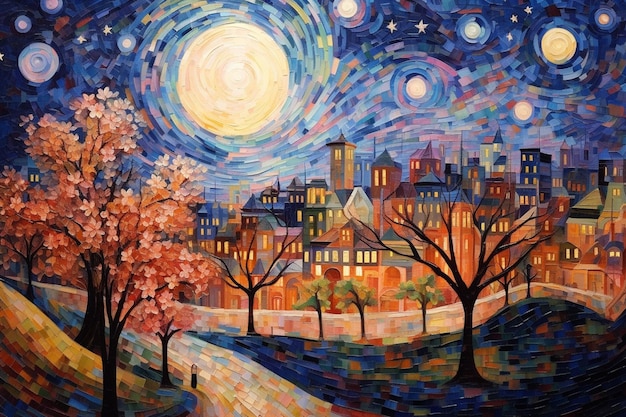 A painting of a city with a moon and stars on it