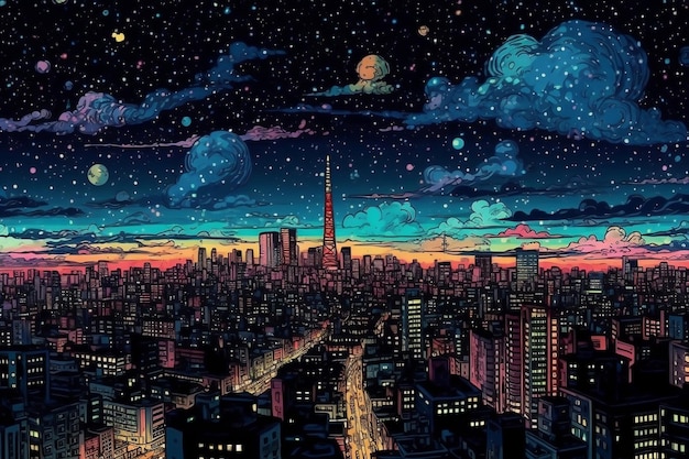 A painting of a city with a night sky and the moon