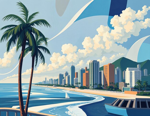 Photo a painting of a city with palm trees and a city in the background