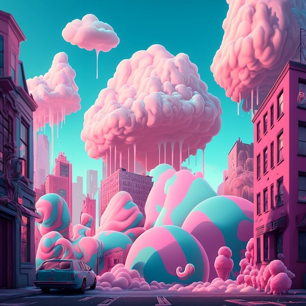 A painting of a city with a pink and blue cloud that says " the word " on it.