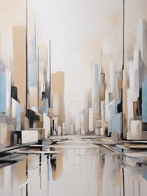 a painting of a city with a reflection of a city in the water