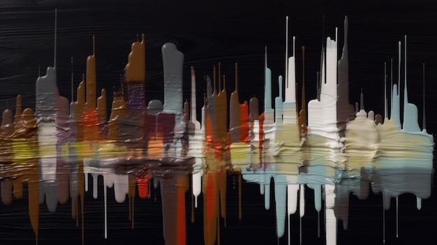 A painting of a city with a reflection of the city in the water.