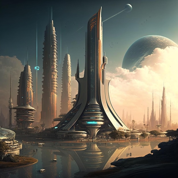 A painting of a city with a spaceship on it and a planet in the background.