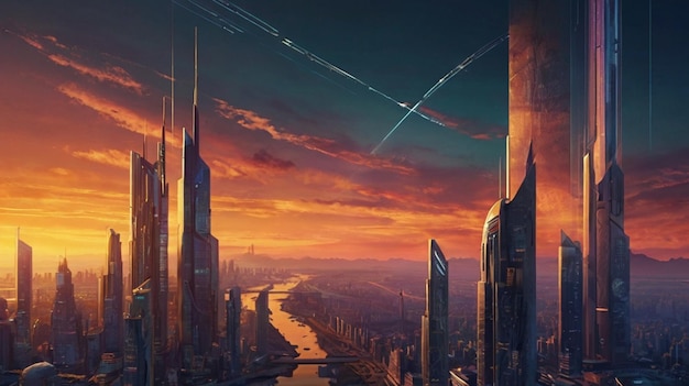 a painting of a city with a sunset in the background