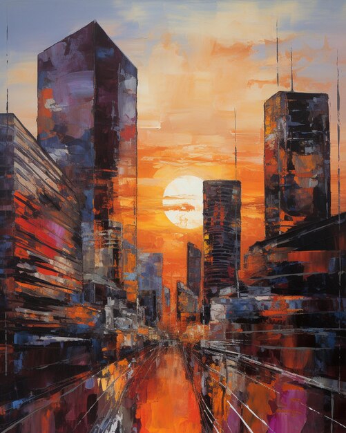 A painting of a city with a sunset in the background.