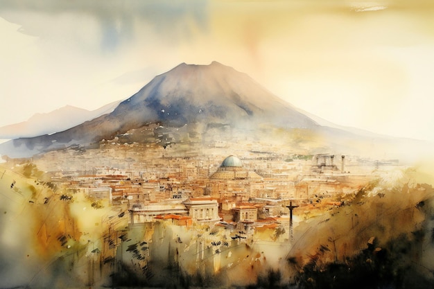 A painting of a city with a volcano in the background.