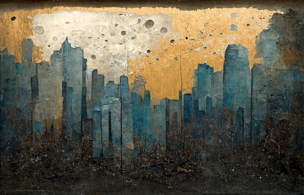 A painting of a cityscape with a blue and gold background.