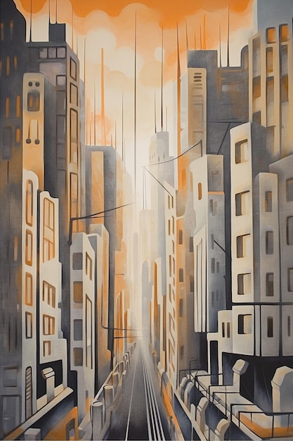 A painting of a cityscape with a cityscape in the background.