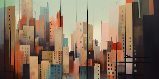 A painting of a cityscape with a cityscape in the background.