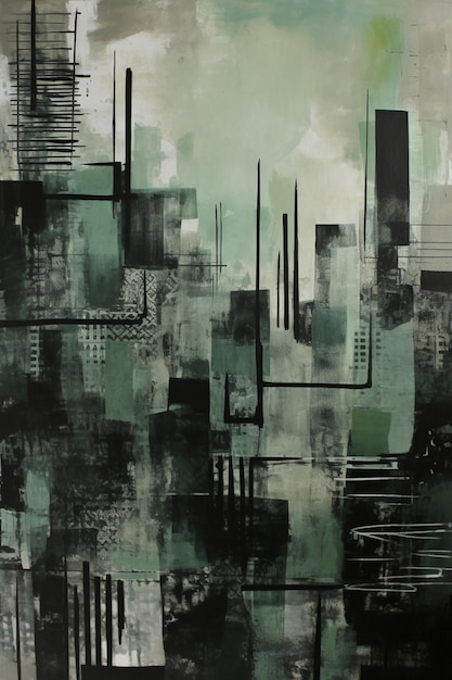 A painting of a cityscape with green and black colors.