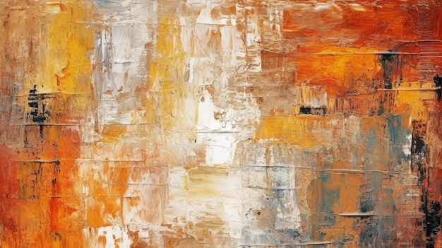 A painting of a cityscape with orange and white colors.