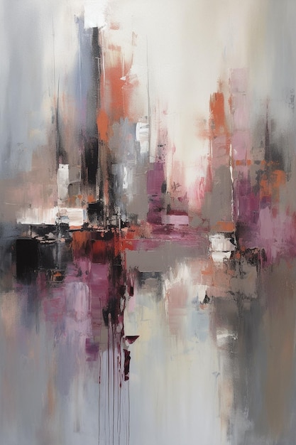 A painting of a cityscape with pink and purple colors.