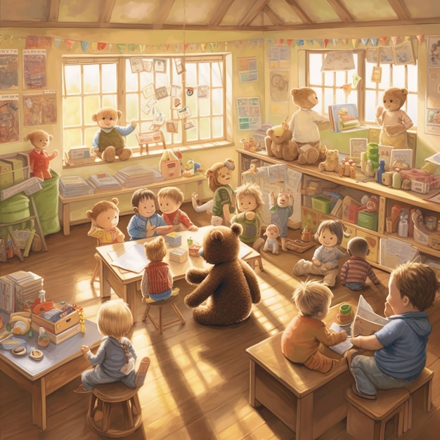 A painting of a classroom with a large teddy bear sitting in front of it