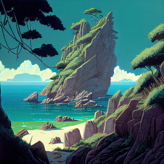 Painting of a cliff overlooking a body of water generative ai