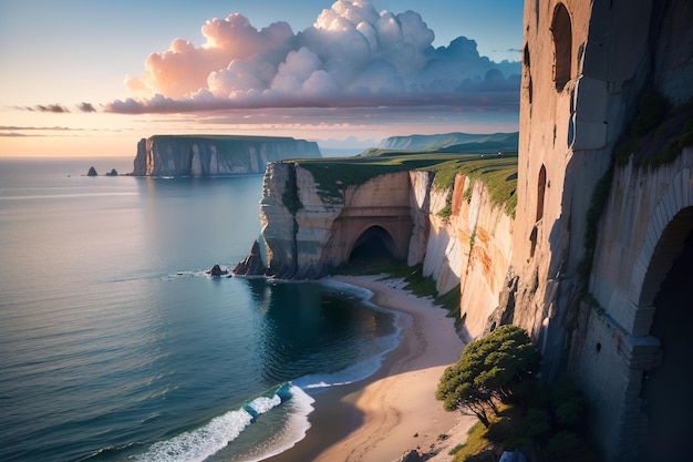 A painting of a cliff with a cloudy sky and a cliff in the background.