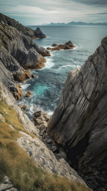 Photo a painting of a cliff with the sea in the background