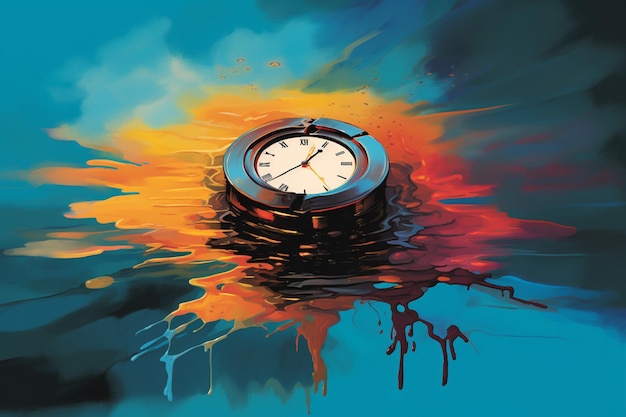 Painting of a clock floating on water with a blue background generative ai