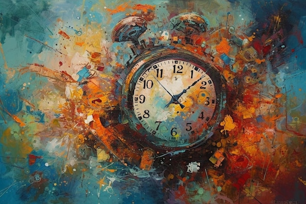 A painting of a clock that says it is showing the time as 12 : 30.