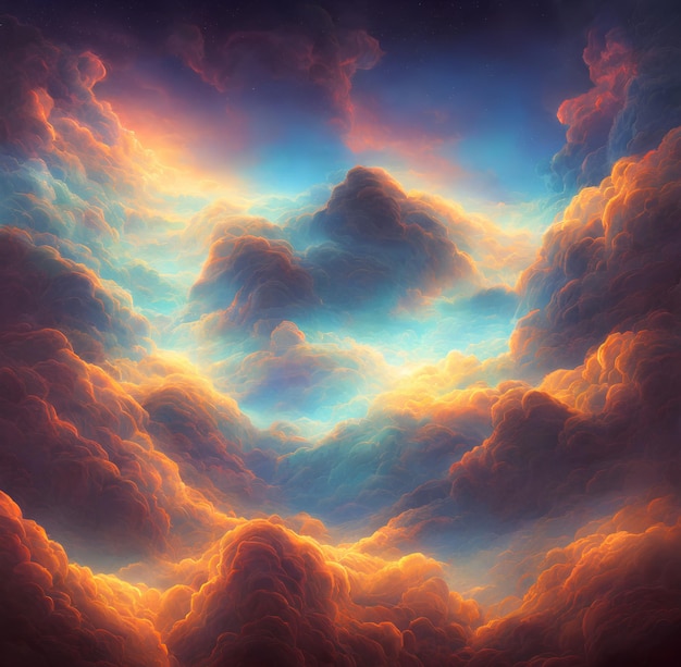 A painting of a cloud with a blue sky and orange clouds.