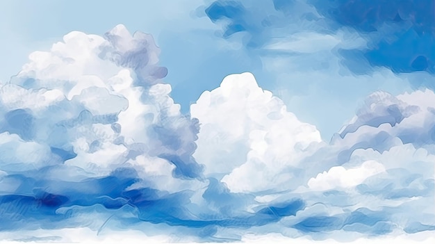 A painting of clouds in the sky with a blue sky background.