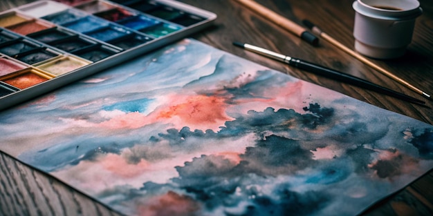 Photo a painting of clouds and a sky with a brush