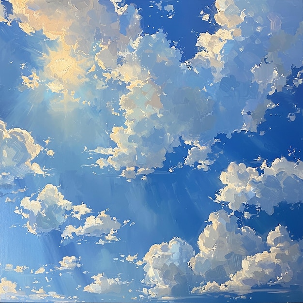 a painting of clouds and the sky with the sun shining through them