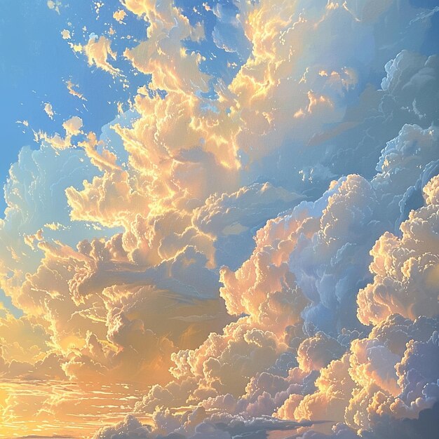 a painting of clouds and the sun setting behind a sunset