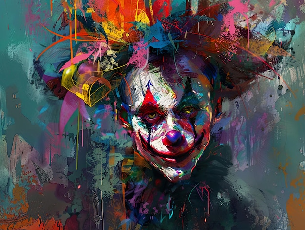 a painting of a clown with a colorful background