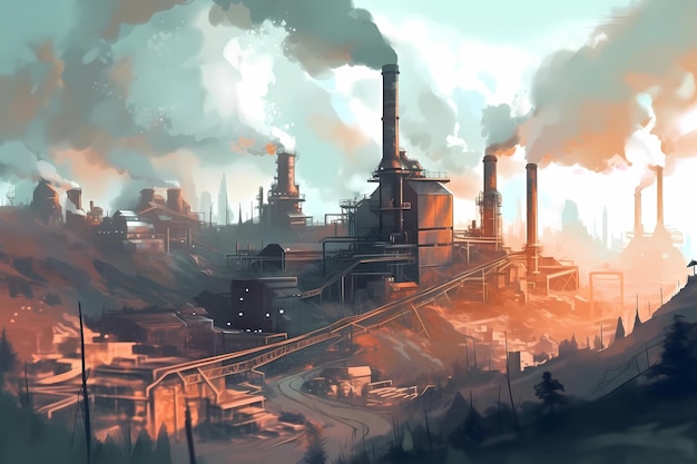 A painting of a coal plant emitting smoke above a mining town Generative AI