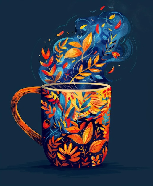 Photo painting of a coffee cup with leaves